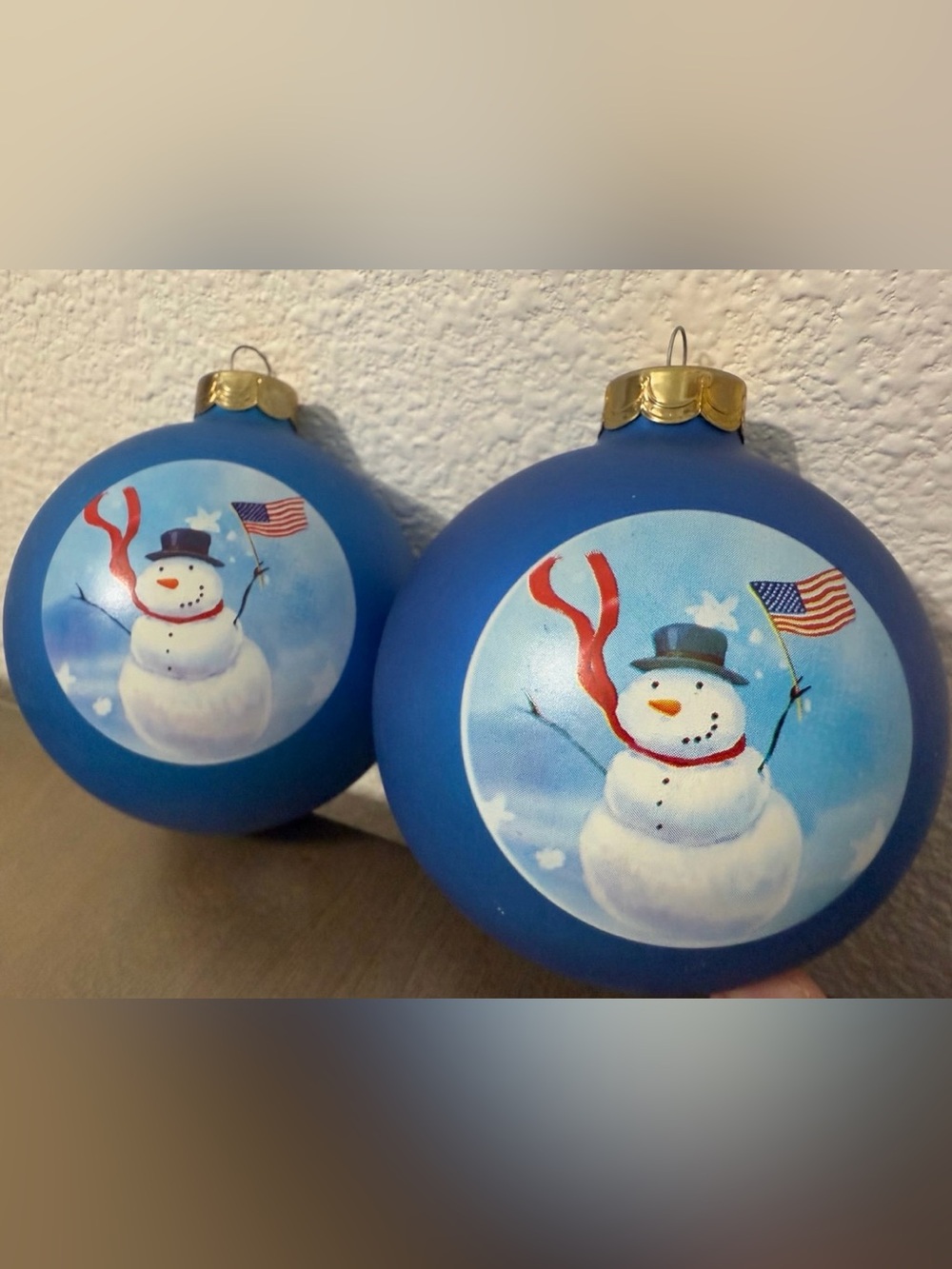 2 Hallmark Blue Snowman Ornament with Red Scarf and American Flag